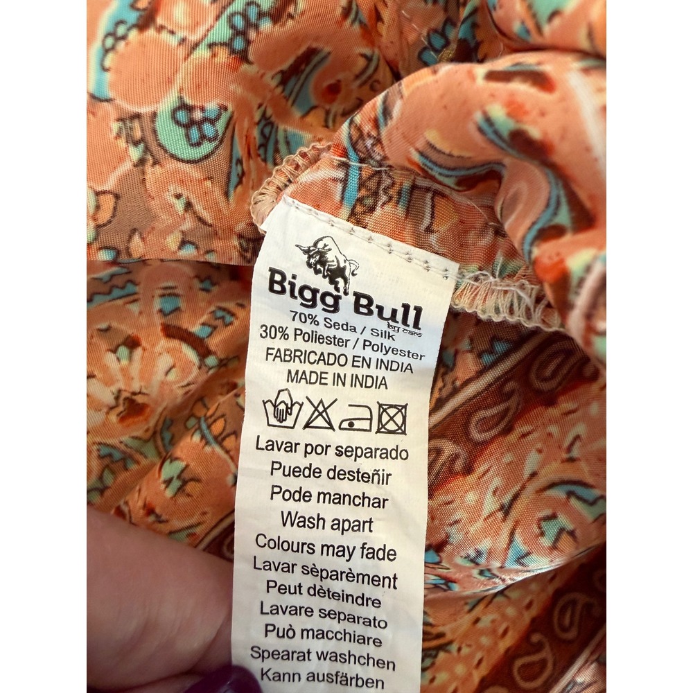 Bigg Bull Orange Paisley Silk Blend Tie Front Bell Sleeve Crop Top Boho Festival - Picture 5 of 6